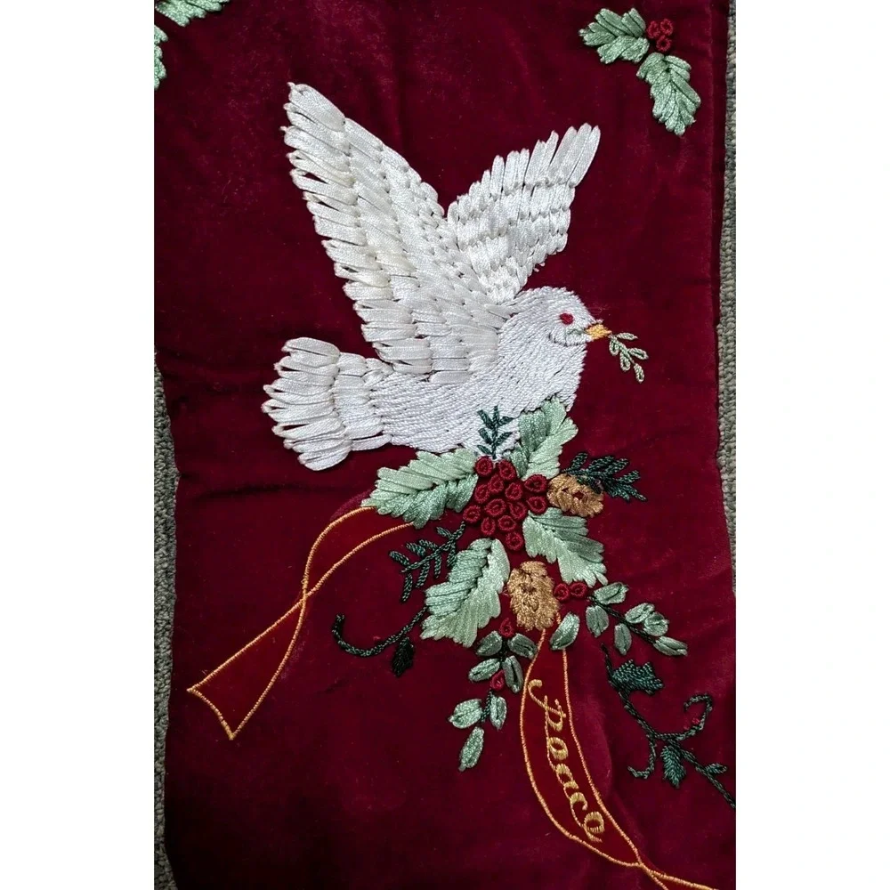 Burgundy Velvet‎ Christmas Stocking Peace White Dove Crewel